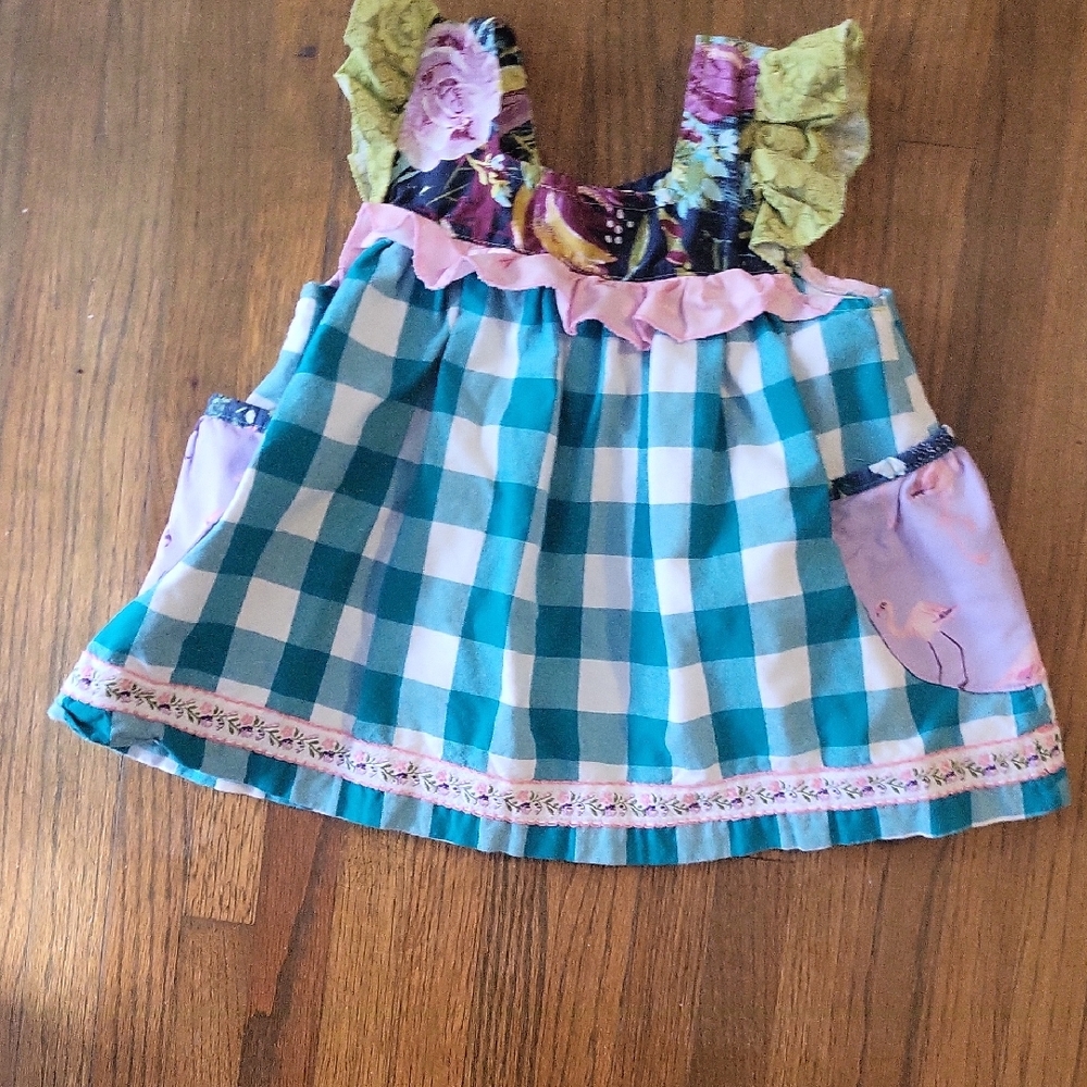 Matilda Jane Platnium Teal Checkered Toddler Dress with Floral Accents